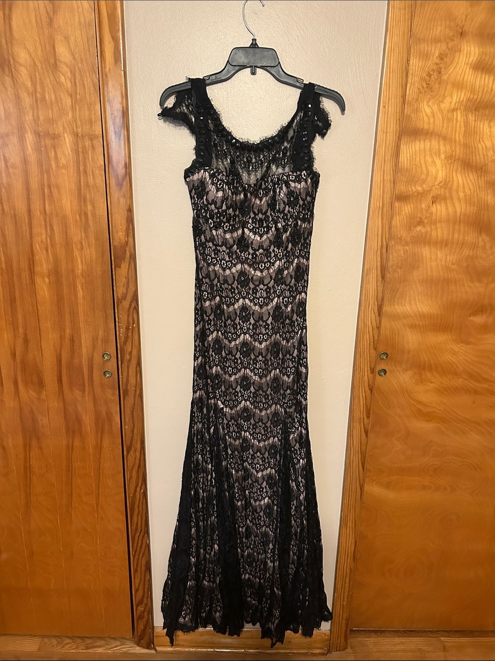 Betsy & Adam Black Lace Maxi Dress with Nude Lining
